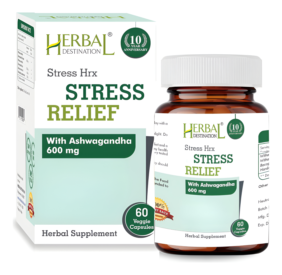 Herbal Destination 60 Cápsulas De Suplemento De Ashwagandha Stress Hrx Para Aliviar El Estrés