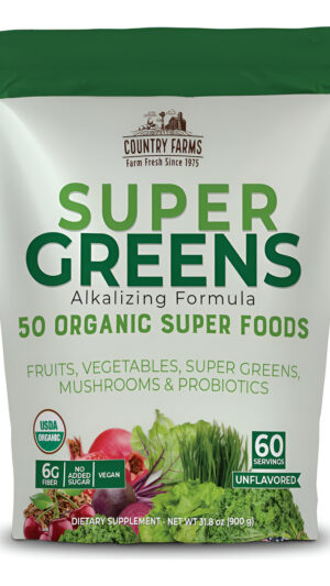 Country Farms Super Greens Sabor Natural, 50 Súper Alimentos Orgánicos, Mezcla De Bebidas Orgánicas Usda, Frutas, Verdu