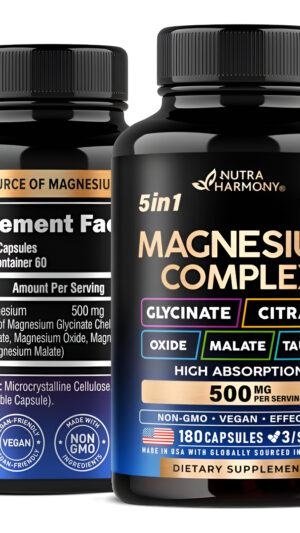 Nutraharmony Complejo De Magnesio 5 En 1 De 500 Mg | Glicinato | Citrato | Malato | Taurato | Óxido, 180 Cápsulas