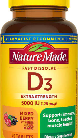 Nature Made Vitamina D3 Extra Fuerte 5000 Ui (125 Mcg), Suplemento De 70 Tabletas De Disolución Rápida Sin Azúcar