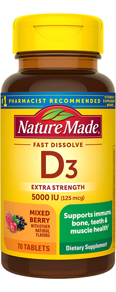 Nature Made Vitamina D3 Extra Fuerte 5000 Ui (125 Mcg), Suplemento De 70 Tabletas De Disolución Rápida Sin Azúcar