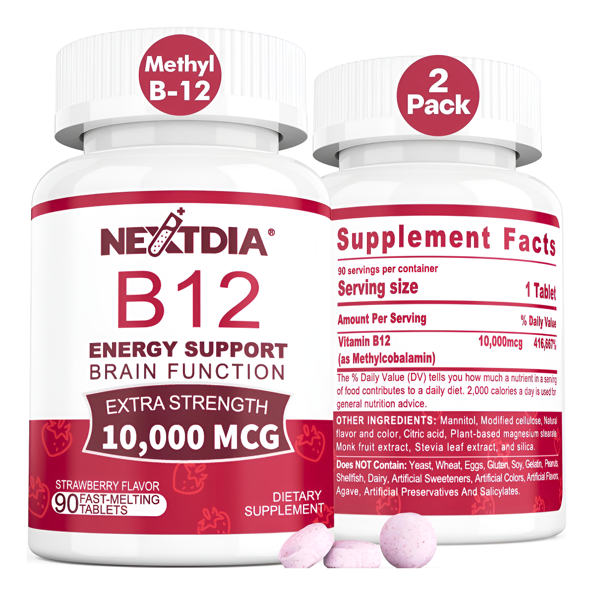Nextdia Vitaminas B12 De 10,000 Mcg, Sublingual De Vitamina B12 Metilada 90 Comprimidos Solubles Pack De 2
