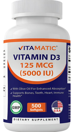 Vitamatic Vitamina D3 5000 Ui (125 Mcg)  500 Cápsulas Blandas (a Base De Aceite De Oliva)