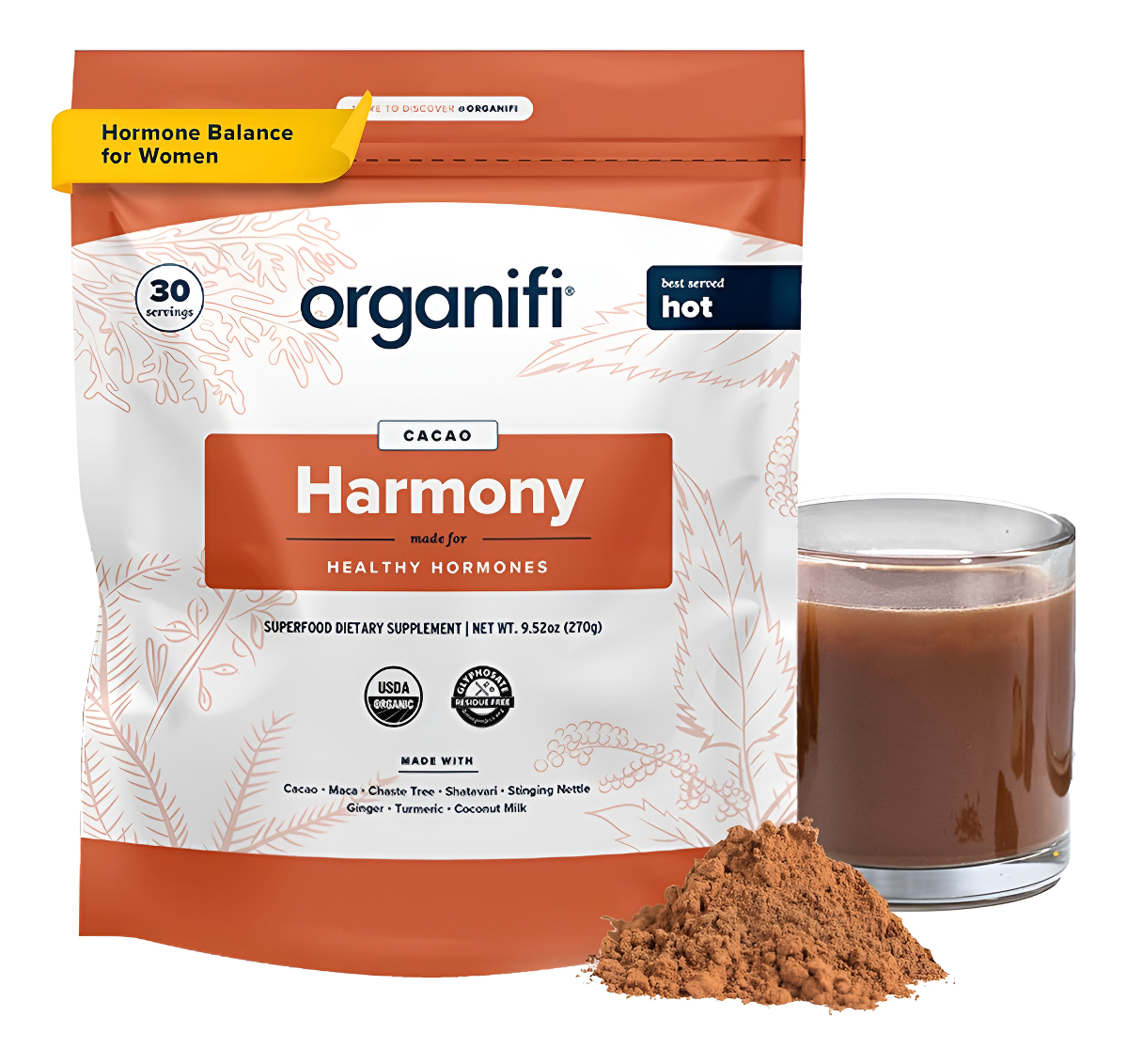 Organifi Harmony - Mezcla De Bebidas En Polvo De Cacao Orgánico Para Mujer Para Equilibrio Hormonal, Alivio Del Síndrom