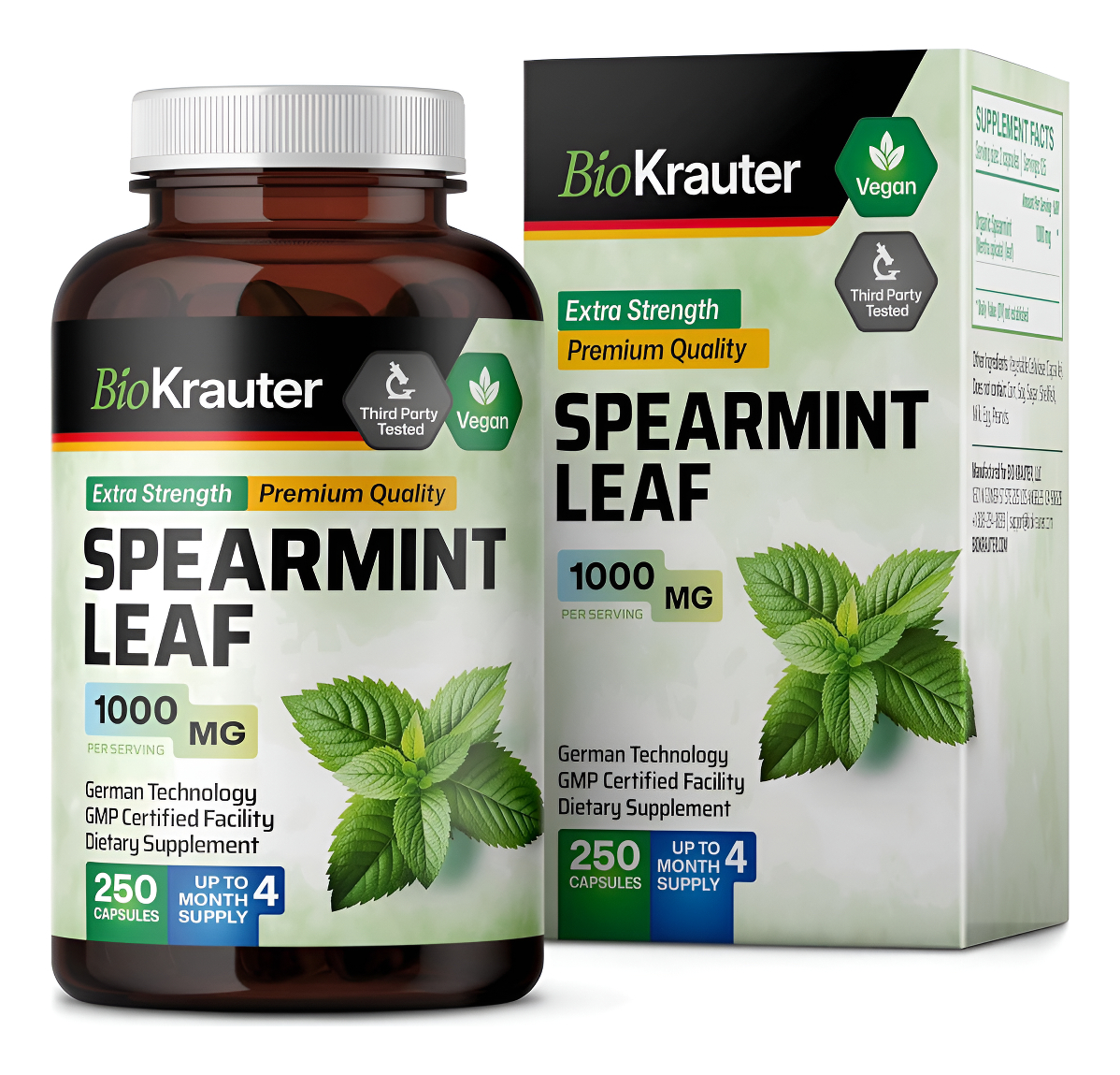 Bio Krauter 250 Cápsulas De Menta Verde De 1000 Mg, Suplemento Vegano Para La Salud Digestiva Y Respiratoria