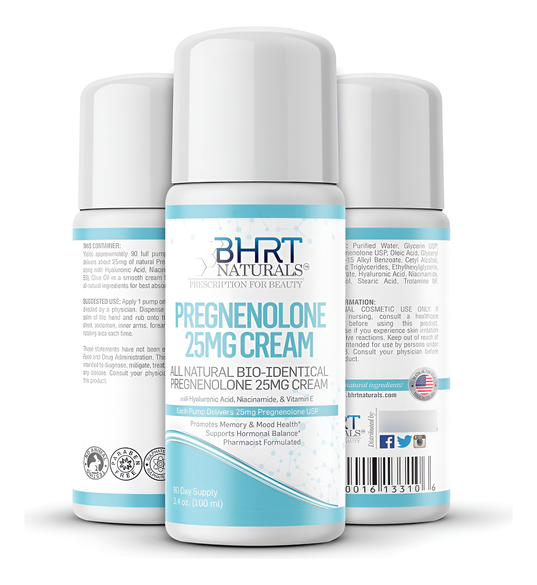 Bhrt Naturals Pregnenolone Cream Supplement 25mg - Suministro Para 90 Días, Pregnenolona Bio-idéntica Totalmente Natural