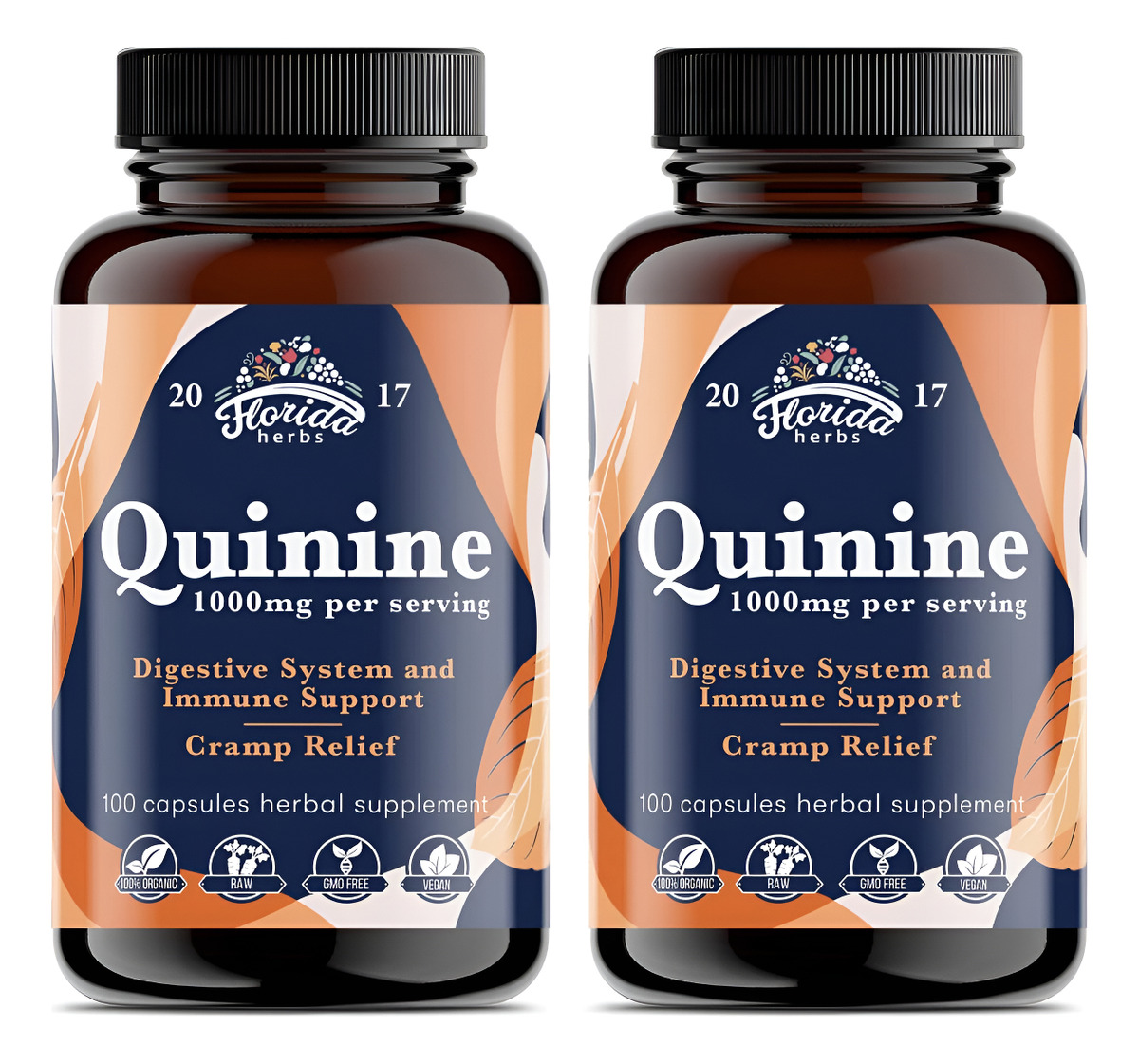 Florida Herbs Quinina 100 Cápsulas Orgánicas Para Apoyar Los Calambres En Las Piernas, 1000 Mg, Paquete De 2