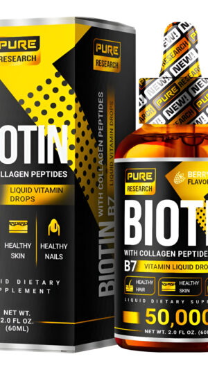 Pure Research Gotas De Crecimiento Del Cabello De Biotina Líquida Y Colágeno De 50,000 Mcg