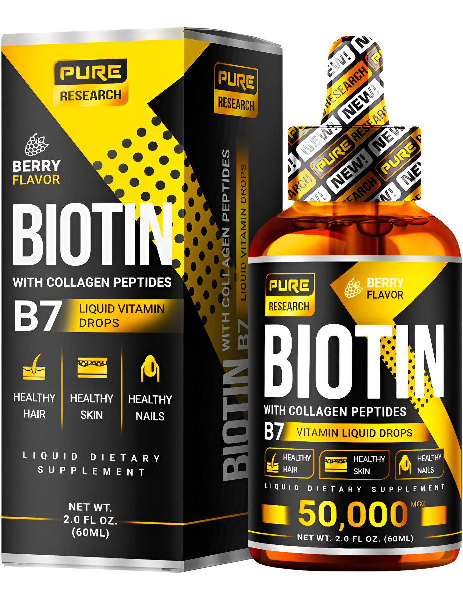 Pure Research Gotas De Crecimiento Del Cabello De Biotina Líquida Y Colágeno De 50,000 Mcg