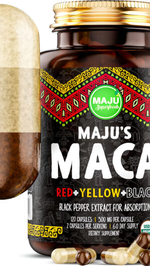 Cápsulas De Maca Más Fuertes, Raíz Orgánica Negra, Amarilla Y Roja Con Extracto De Pimienta Negra Para La Absorción, Ra
