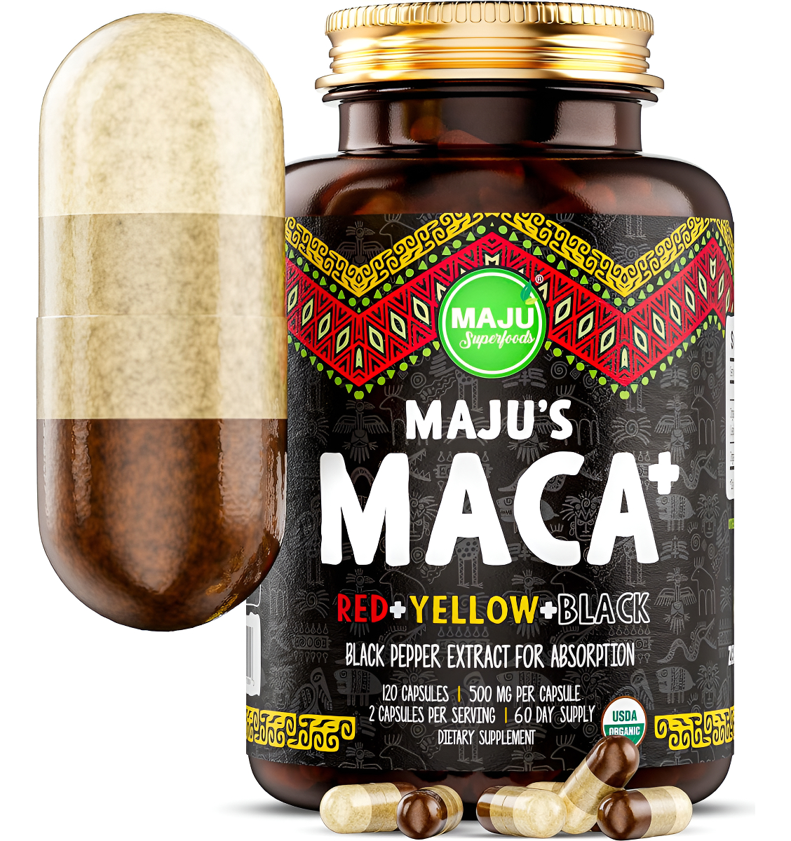 Cápsulas De Maca Más Fuertes, Raíz Orgánica Negra, Amarilla Y Roja Con Extracto De Pimienta Negra Para La Absorción, Ra