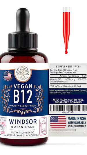 Windsor Botanicals Vitamina B12 Vegana Líquido De Fuerza Máxima 5000 Mcg Suplemento De Metilcobalamina