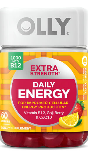 Olly Extra Strength Daily Energy Gummy, 60 Gomitas Sin Cafeína, 1000 Mcg De Vitamina B12, Coq10, Bayas De Goji
