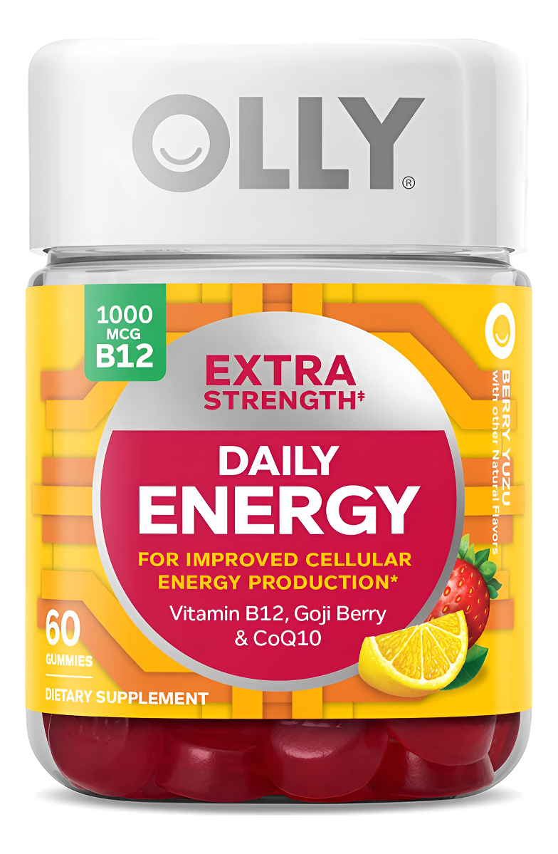 Olly Extra Strength Daily Energy Gummy, 60 Gomitas Sin Cafeína, 1000 Mcg De Vitamina B12, Coq10, Bayas De Goji