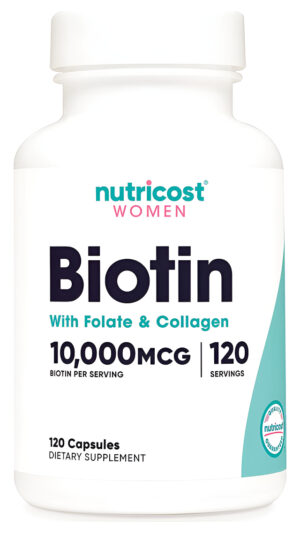 Nutricost Biotina Para Mujer 10,000mcg 120 Cápsulas - Con Folato Y Colágeno, Sin Gluten Y Sin Omg