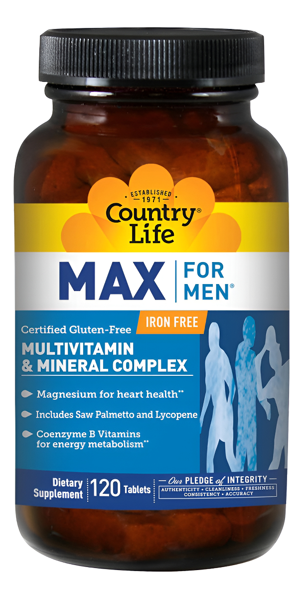 Country Life Max For Men, Complejo Multivitamínico Y Mineral, Sin Hierro, Tabletas Vegetarianas, 120 Unidades, Certific