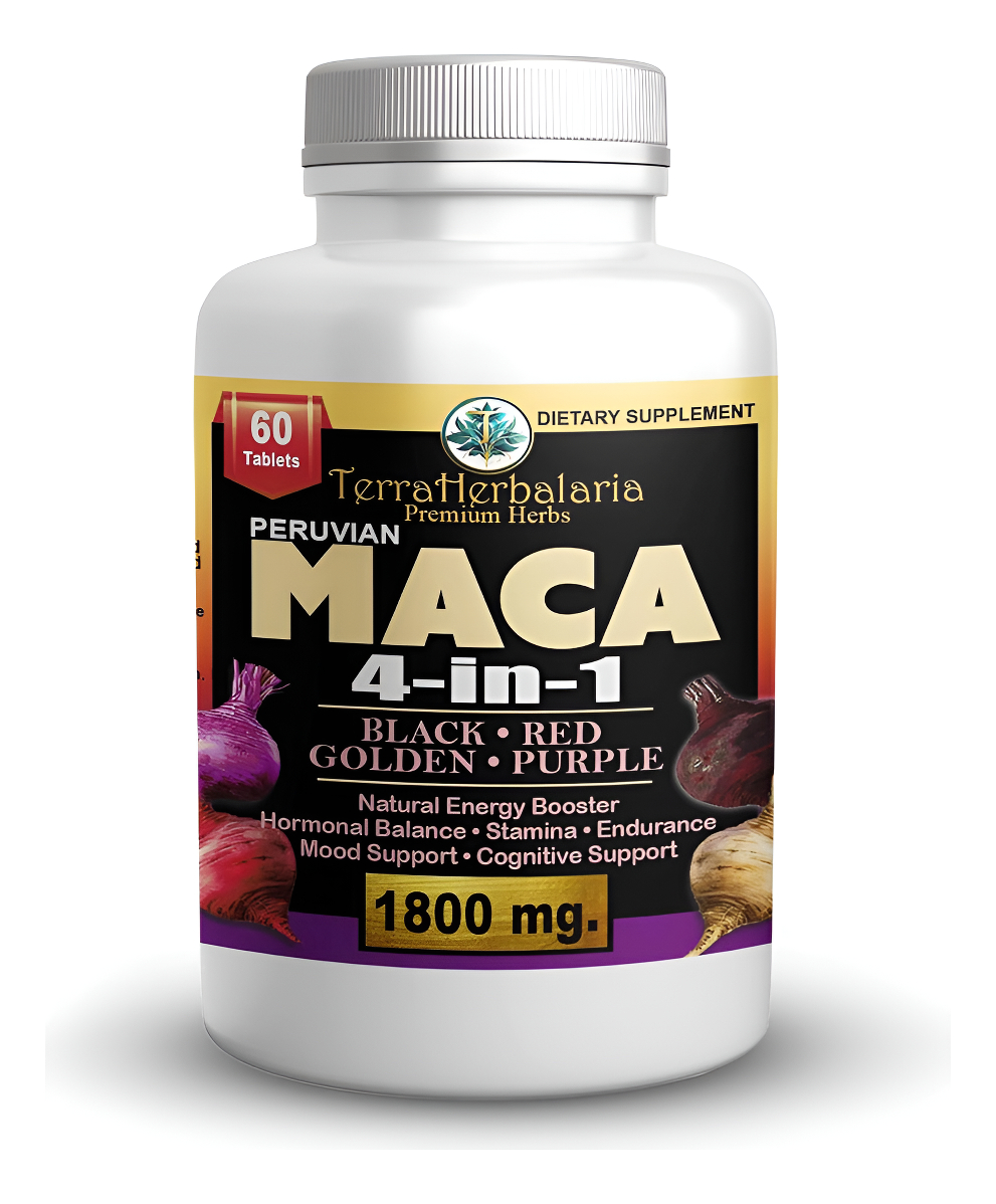 Raíz De Maca - Potente Mezcla 4 En 1 De Maca Negra, Roja, Dorada Y Morada - 1800 Mg - Fabricado En Estados Unidos Con M