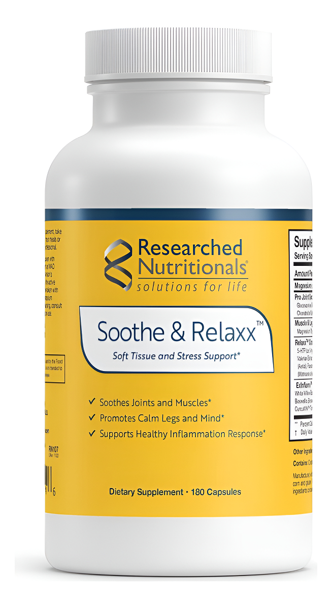 Researched Nutritionals Soothe & Relaxx - Suplemento Apoyo Para Tejidos Suaves, Músculos + Articulaciones, 180 Cápsulas