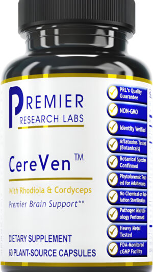 Premier Research Labs Cereven, Suplemento De Apoyo Cerebral Con Extracto De Rodiola, Coral Marino Y Cúrcuma, 60 Cápsulas