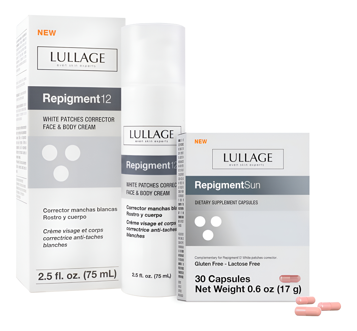 Paquete Corrector De Parches Blancos Con Repigmento De Lullage 12 Con Repigma12 (2.5 Fl Oz) + Cápsulas Solares Repigme