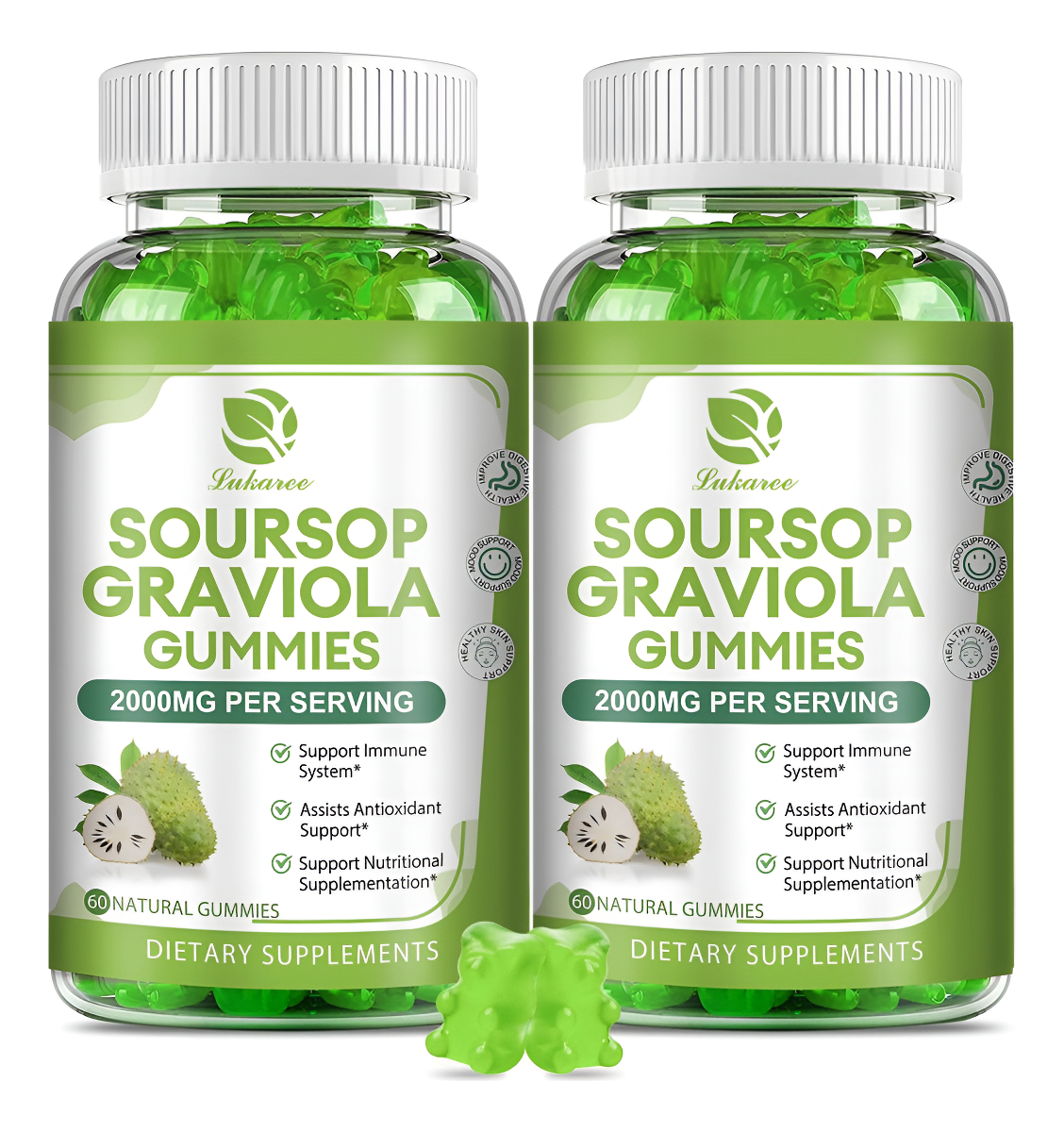 Paquete De 2 Gomitas De Graviola De Guanábana, 2000 Mg De Extracto De Hojas De Guanábana Extra Fuerte Con Vitamina C, Z