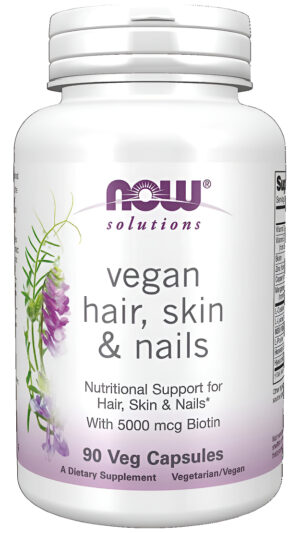 Now Solutions, Cabello Vegano, Piel Y Uñas, Apoyo Nutricional Con 5,000 Mcg De Biotina, 90 Cápsulas Vegetales