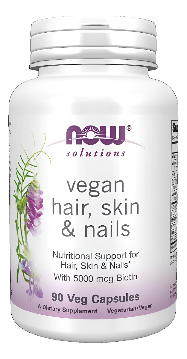Now Solutions, Cabello Vegano, Piel Y Uñas, Apoyo Nutricional Con 5,000 Mcg De Biotina, 90 Cápsulas Vegetales