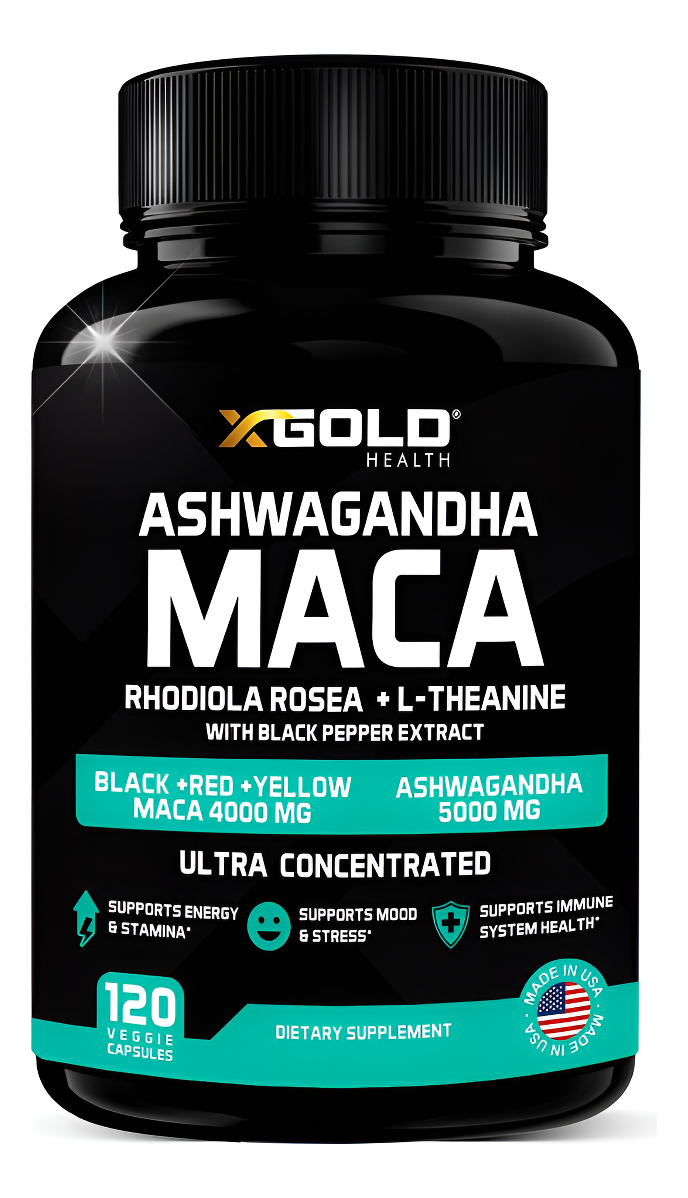 Ashwagandha 5,000 Mg + Raíz De Maca Negra, Roja, Amarilla 4,000 Mg, Rodiola Y L-teanina: Extracto 30:1 Cápsulas De Ashw