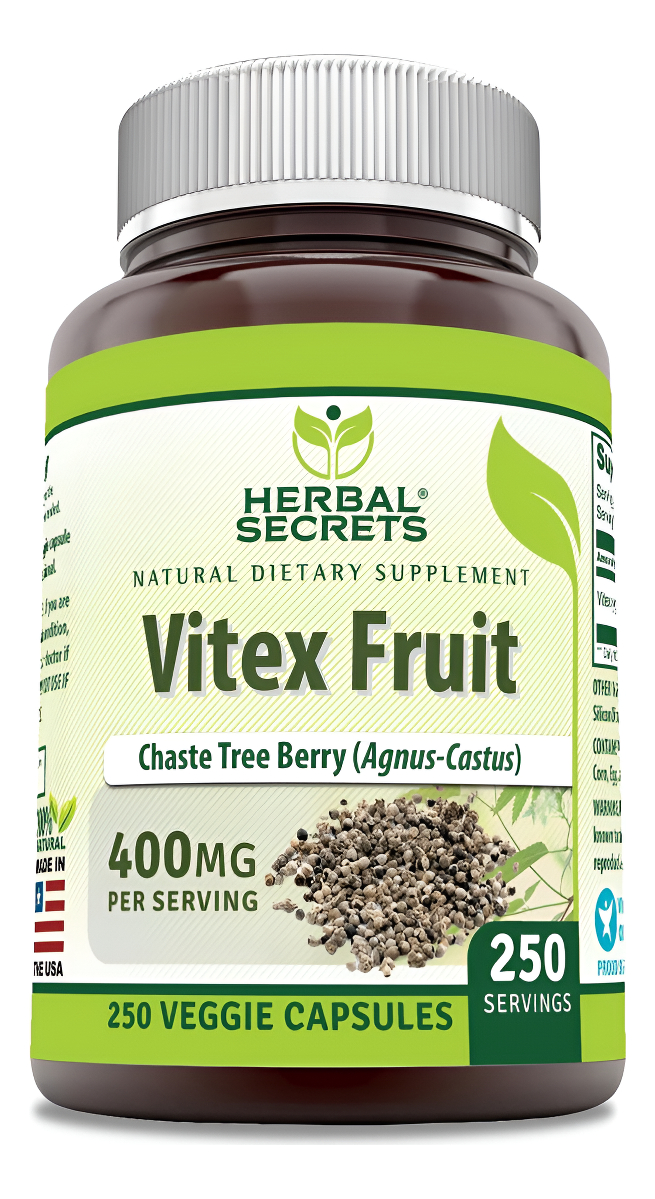 Herbal Secrets Vitex Fruit 400 Mg 250 Cápsulas Vegetales Suplemento | Sin Omg | Sin Gluten | Fabricado En Estados Unidos