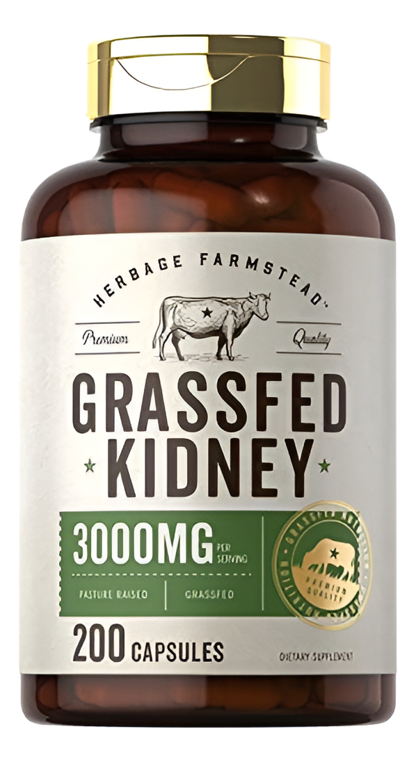 Herbage Farmstead Suplemento De Riñón De Carne De Res Alimentada Con Pasto | 200 Cápsulas | 3000 Mg | Suplemento Bovino