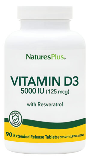 Natures Plus Vitamina D3, Liberación Prolongada  90 Tabletas Veganas  5000 Ui + 25 Mg De Trans-resveratrol