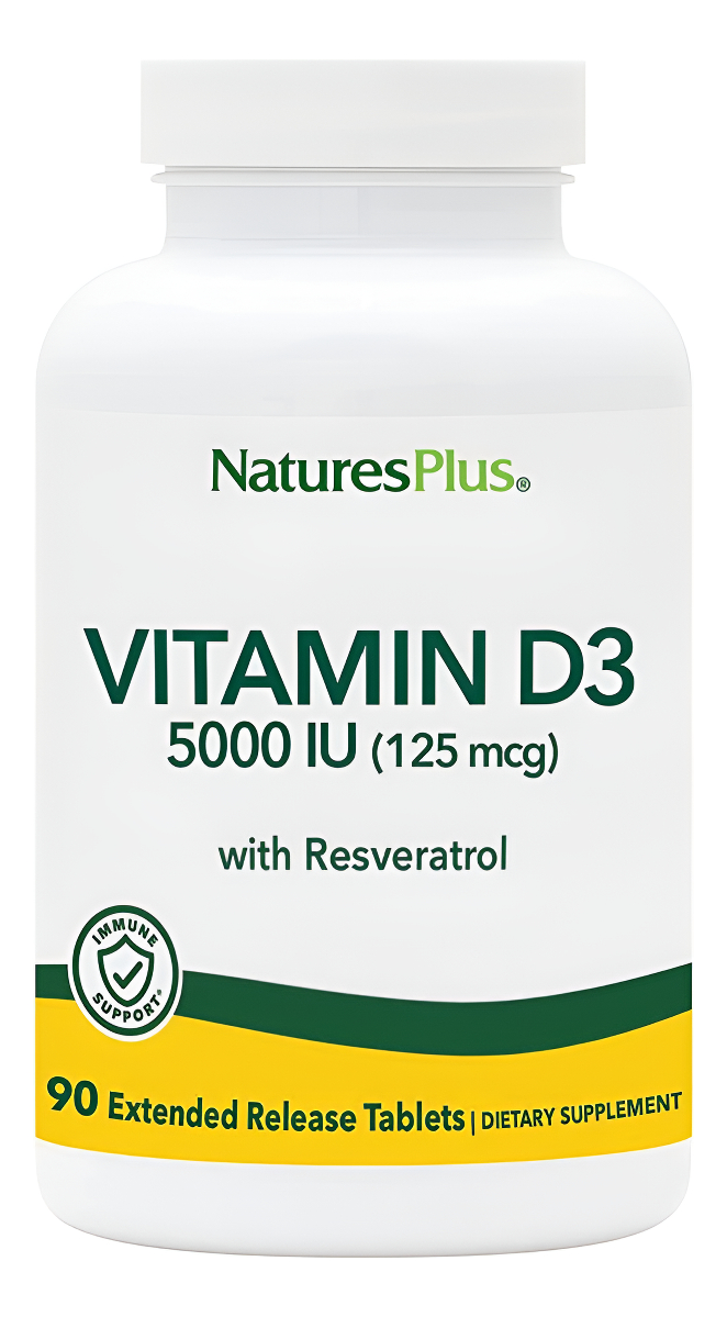 Natures Plus Vitamina D3, Liberación Prolongada 90 Tabletas Veganas 5000 Ui + 25 Mg De Trans-resveratrol