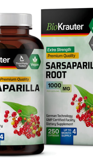 Bio Krauter 250 Cápsulas De Raíz De Zarzaparrilla, Extracto Puro, 1000 Mg