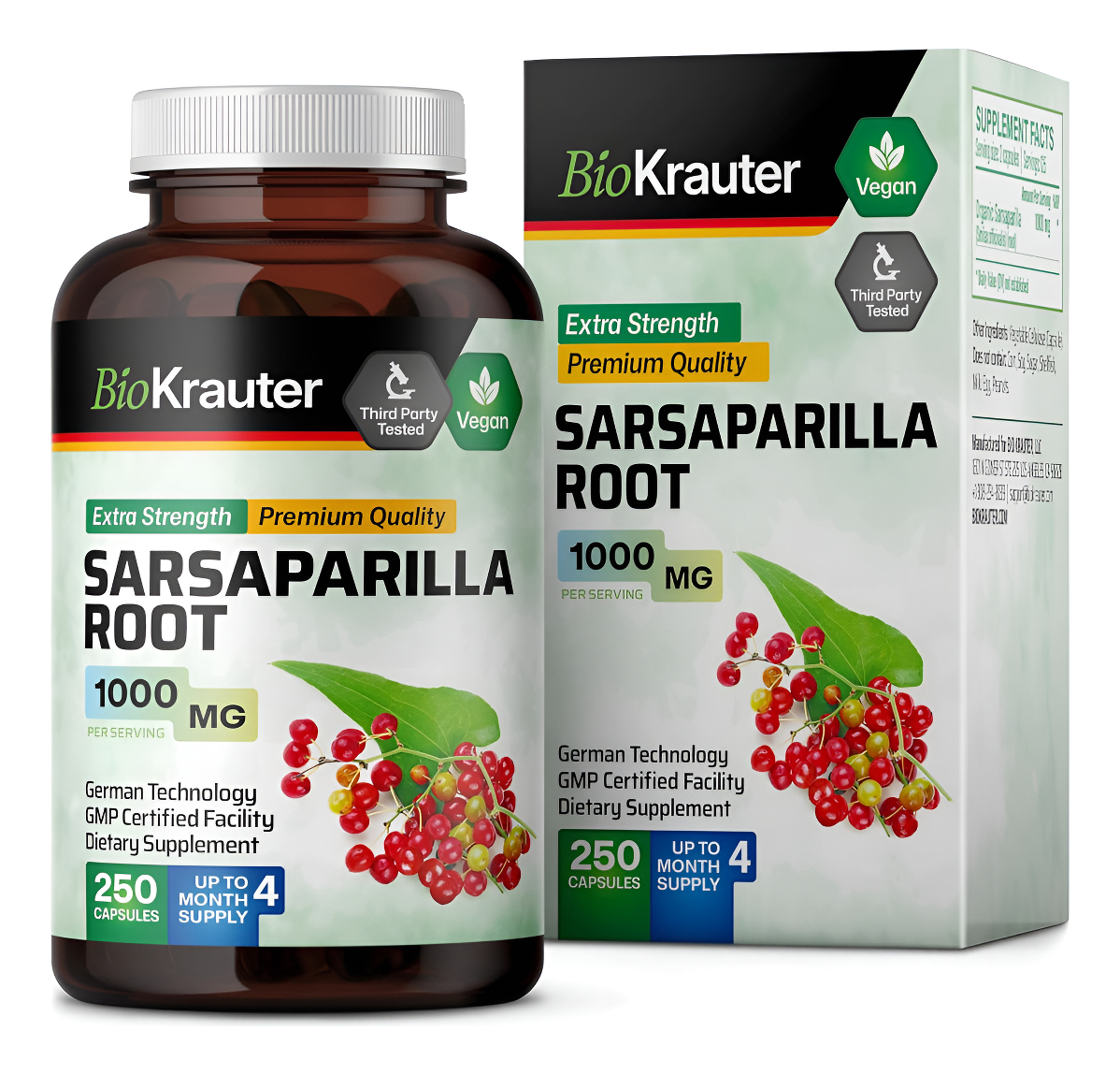 Bio Krauter 250 Cápsulas De Raíz De Zarzaparrilla, Extracto Puro, 1000 Mg