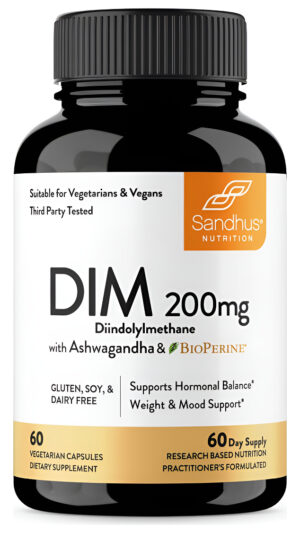 Sandhu's Dim Suplemento 200 Mg -60 Cápsulas - Diindolimetano Con Ashwagandha Y Equilibrio Hormonal Bioperino Para Mujer