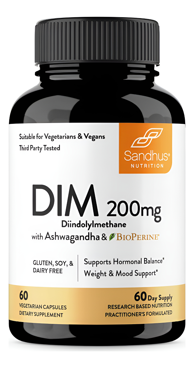 Sandhu's Dim Suplemento 200 Mg -60 Cápsulas - Diindolimetano Con Ashwagandha Y Equilibrio Hormonal Bioperino Para Mujer