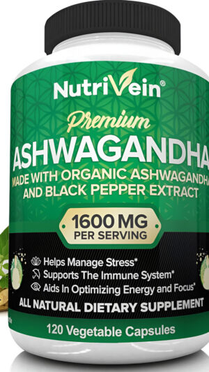 Nutrivein Cápsulas Orgánicas De Ashwagandha De 1600 Mg Con Extracto De Pimienta Negra, 120 Pastillas Veganas, Suplement