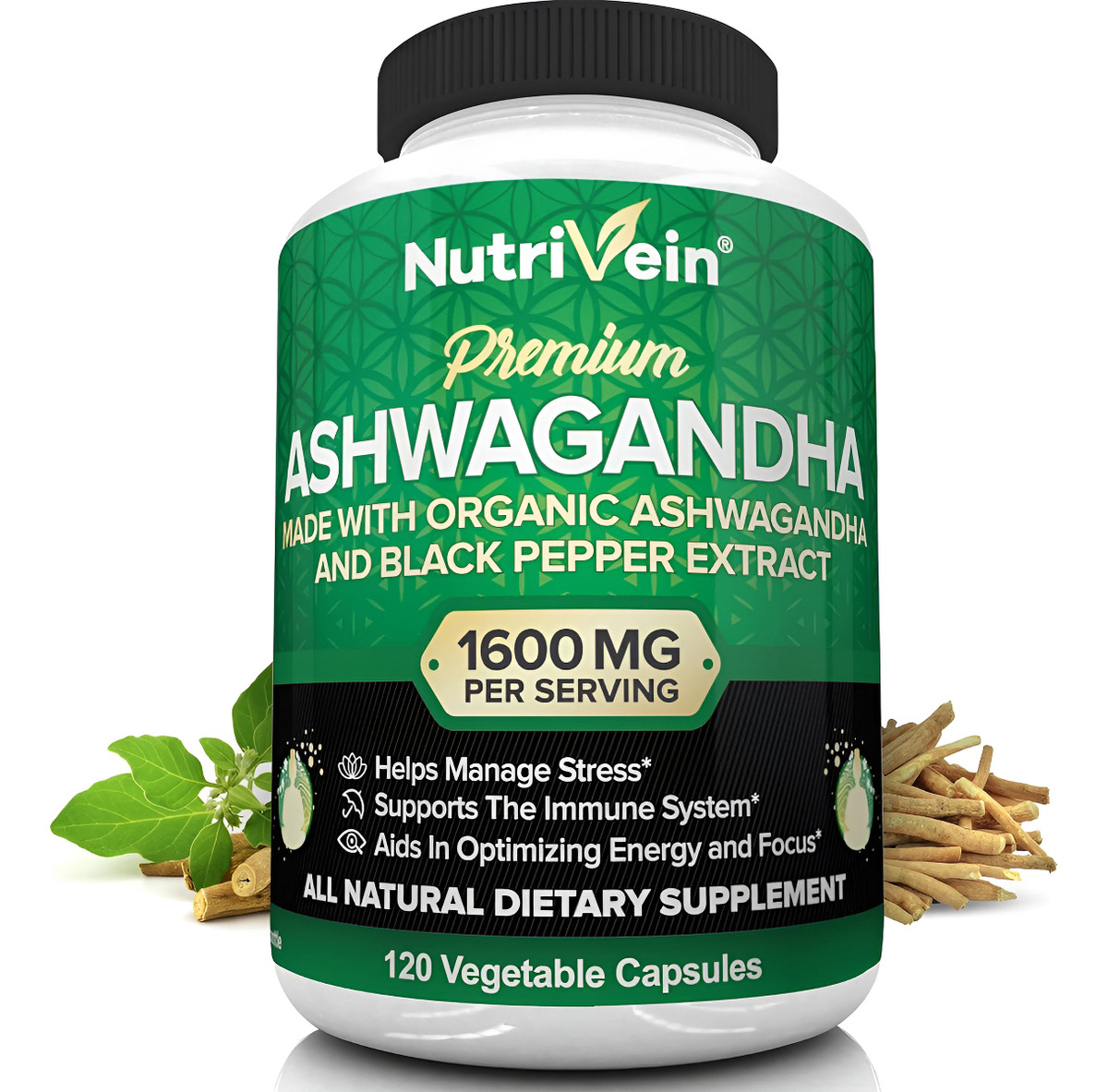 Nutrivein Cápsulas Orgánicas De Ashwagandha De 1600 Mg Con Extracto De Pimienta Negra, 120 Pastillas Veganas, Suplement