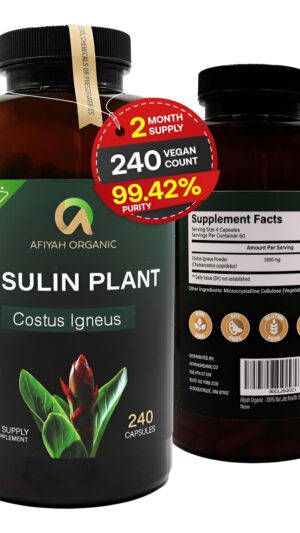 Afiyah Organic 240 Cápsulas Veganas De Costus Igneus (planta De Insulina) De Alta Calidad