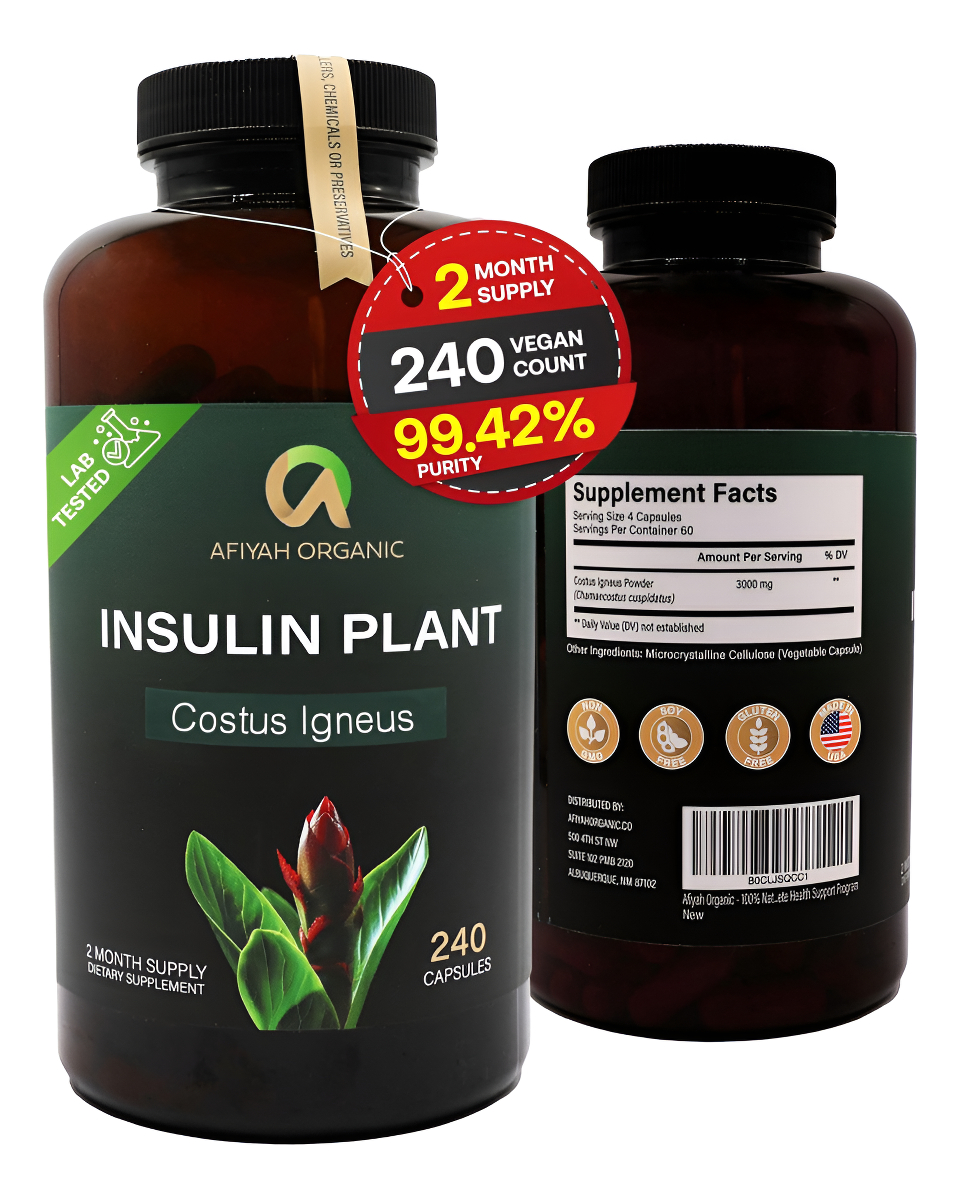 Afiyah Organic 240 Cápsulas Veganas De Costus Igneus (planta De Insulina) De Alta Calidad