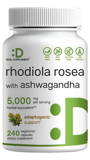 Deal Supplement Rhodiola Rosea Con Ashwagandha 5,000 Mg Por Porción, 240 Cápsulas Vegetales  Extracto De Raíz 10:1 De