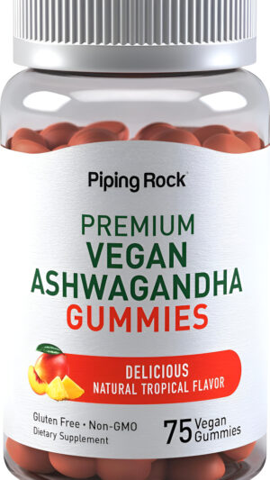 Ashwagandha Gummies Extra Strength | 75 Unidades | Suplemento Premium | Sabor Tropical | Fórmula Vegana | Sin Omg, Sin Gluten | Por Piping Rock