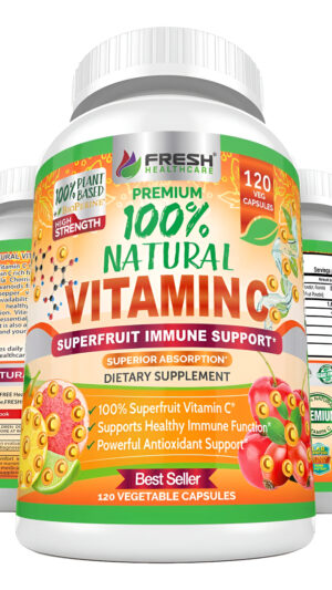 Fresh Healthcare Vitamina C Natural, 100% De Escaramujos, Acerola Y Camu Camu 500 Mg 120 Cápsulas Veganas