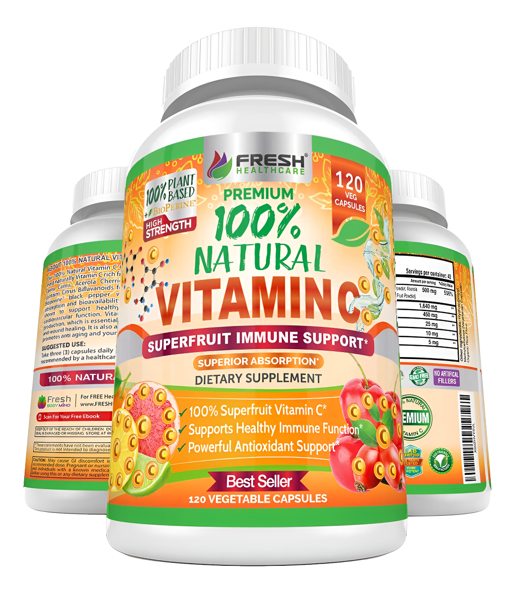Fresh Healthcare Vitamina C Natural, 100% De Escaramujos, Acerola Y Camu Camu 500 Mg 120 Cápsulas Veganas