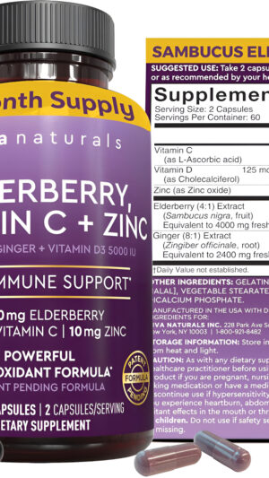 Viva Naturals Baya De Saúco Con Vitamina C Y Zinc Para Adultos, 120 Cápsulas De Saúco Negro 5 En 1