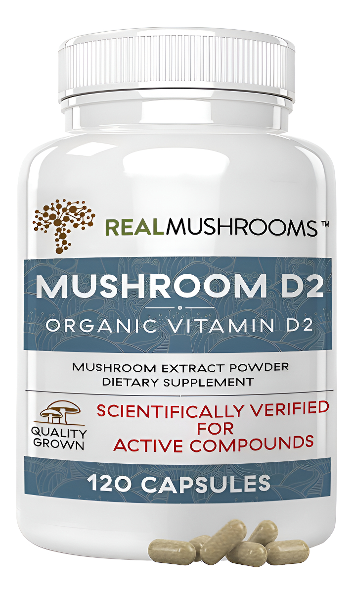 Real Mushrooms Champiñón D2 Suplemento Vegano Orgánico De Vitamina D 1000 Ui Con Hongos Shiitake Y Agaricus