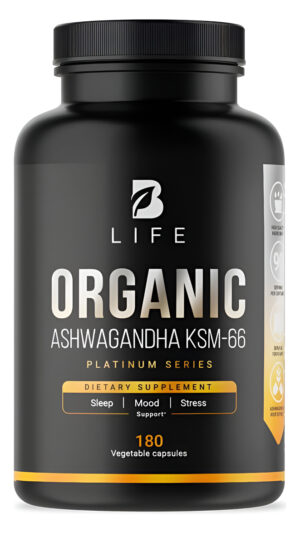 B Life - Polvo Orgánico Puro De Ashwagandha Ksm-66 Y Extracto De Pimienta Negra Orgánica | 180 Cápsulas  90 Días | Apo