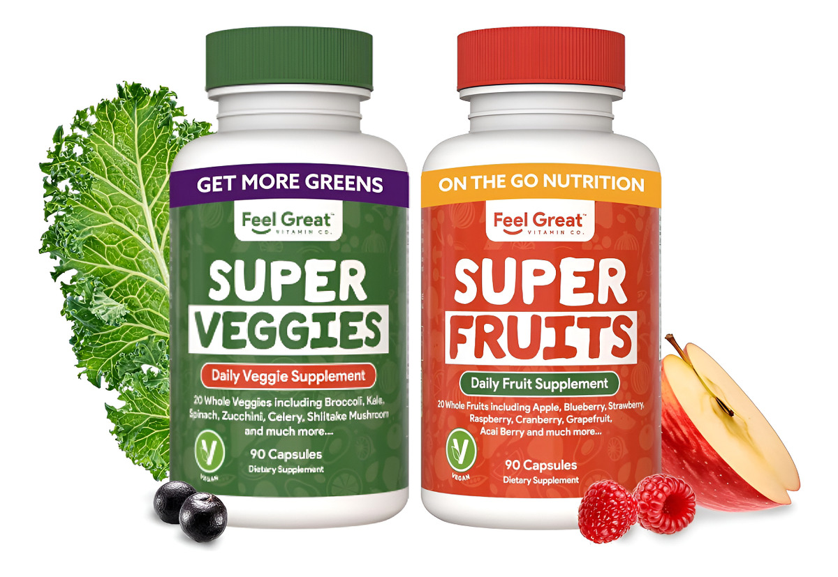 Feel Great - Suplementos De Frutas Y Verduras | Más De 20 Súper Rojos Y Verdes | 90 Cápsulas, Pack De 2