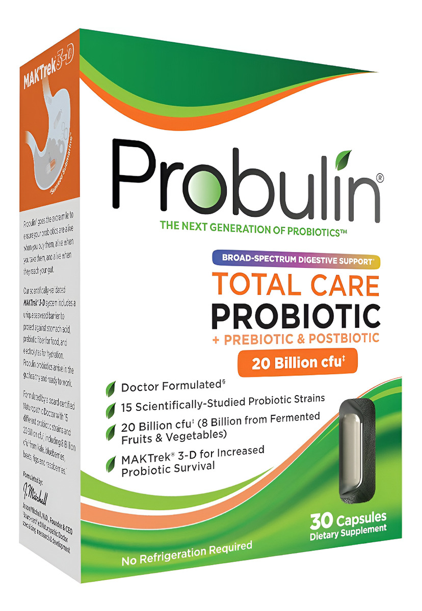 Probulin Probiótico Total Care, Soporte Intestinal Diario Para Adultos, 20 Mil Millones De Ufc, 30 Cápsulas