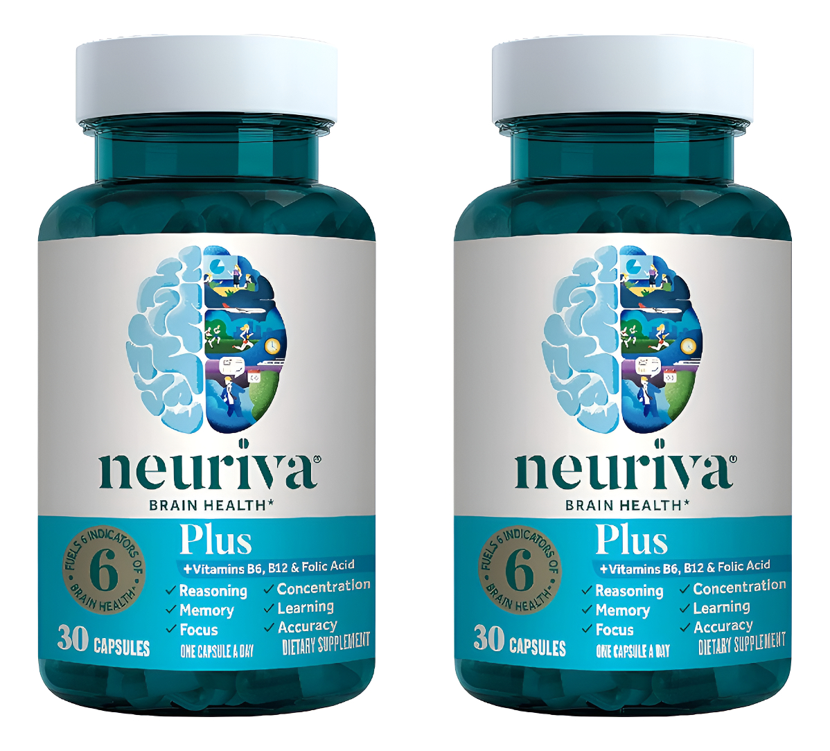 Neuriva Plus Suplemento De Apoyo Cerebral Nootrópico, B6, B12, Ácido Fólico, 30 Cápsulas, Paquete De 2